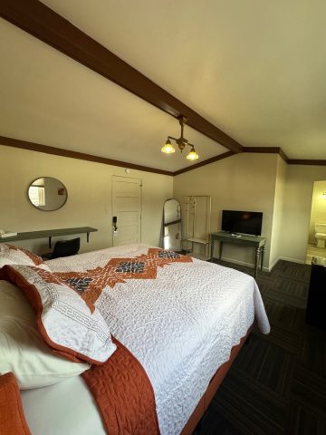 Cozy king room at Hotel LaBonte in Douglas, Wyoming with modern decor.