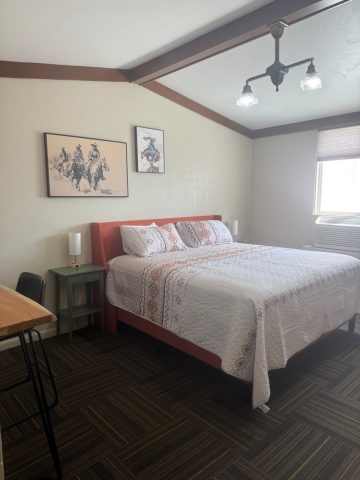 Comfortable king room with rustic decor in Douglas, WY.