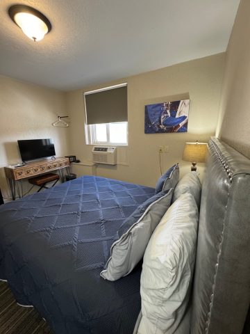 Cozy queen room in historic Douglas hotel with modern decor and amenities.