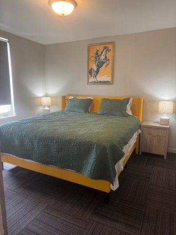 Comfortable hotel room with a large bed and modern decor in Douglas, WY.