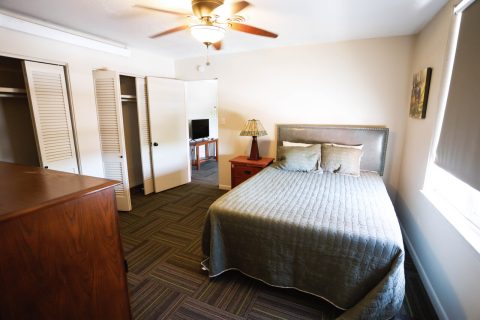 Comfortable hotel room with a large bed and window in Douglas, WY.